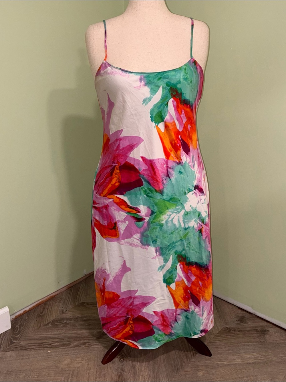 Natori Private Luxuries Satin Botanic Print Midi Slip Dress Women’s Size L